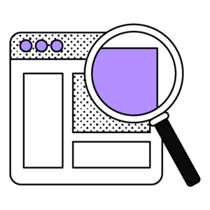 Abstract illustrationn showing a magnifying glass being used to inspect an application window. The contents of the application are brought into clarity and sharpness and are highlighted in purple