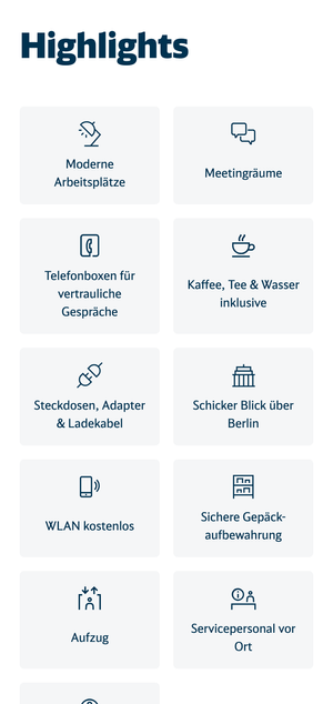 Screenshot of the everyworks UI, showing a selection of highlights of their coworking spaces — free wifi, tea, & coffee, luggage storage etc.
